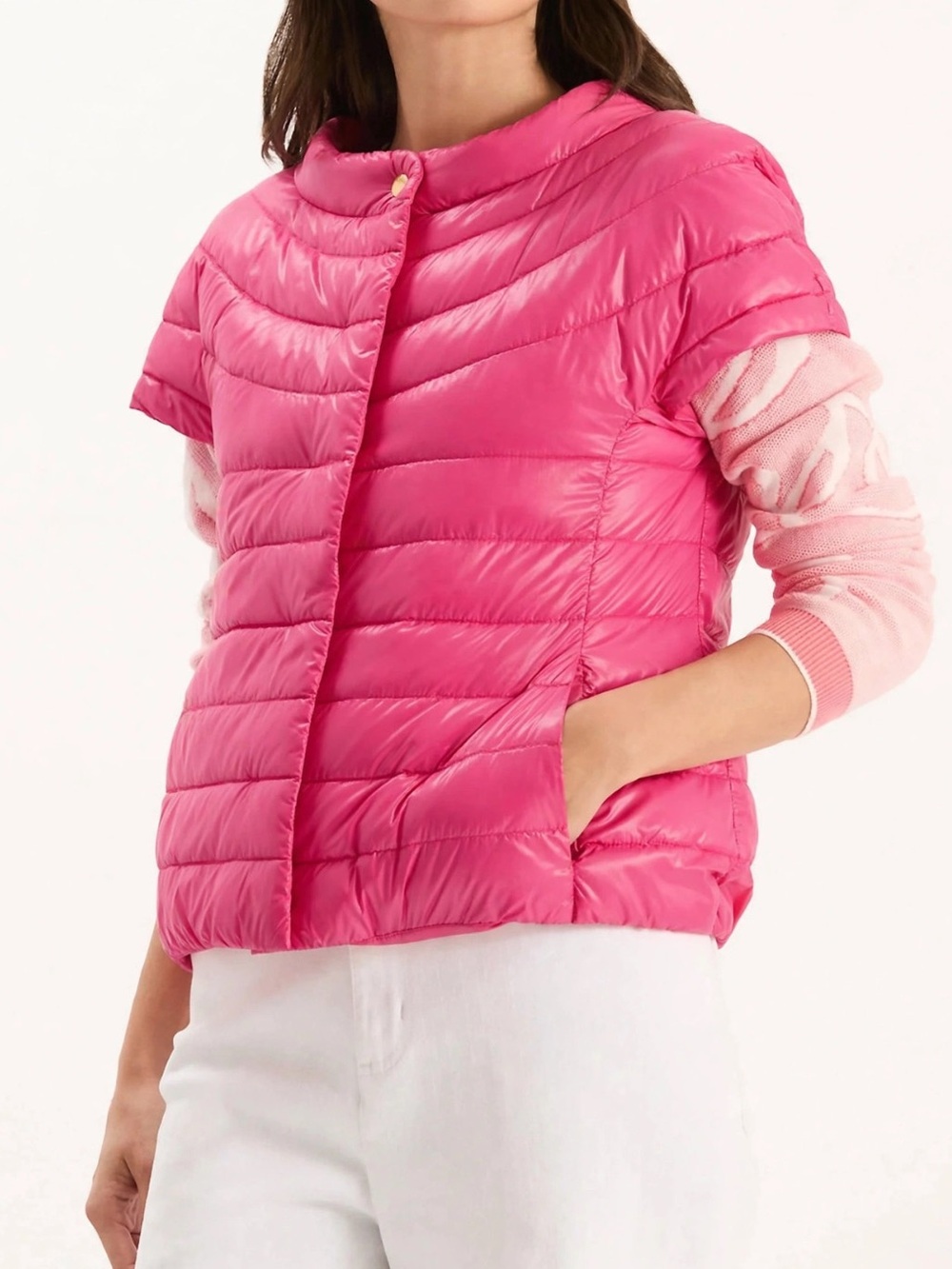 Tyler Boe || Shelly Quilted Jacket Short Cap Sleeve Puffer Vest Fuchsia Pink L